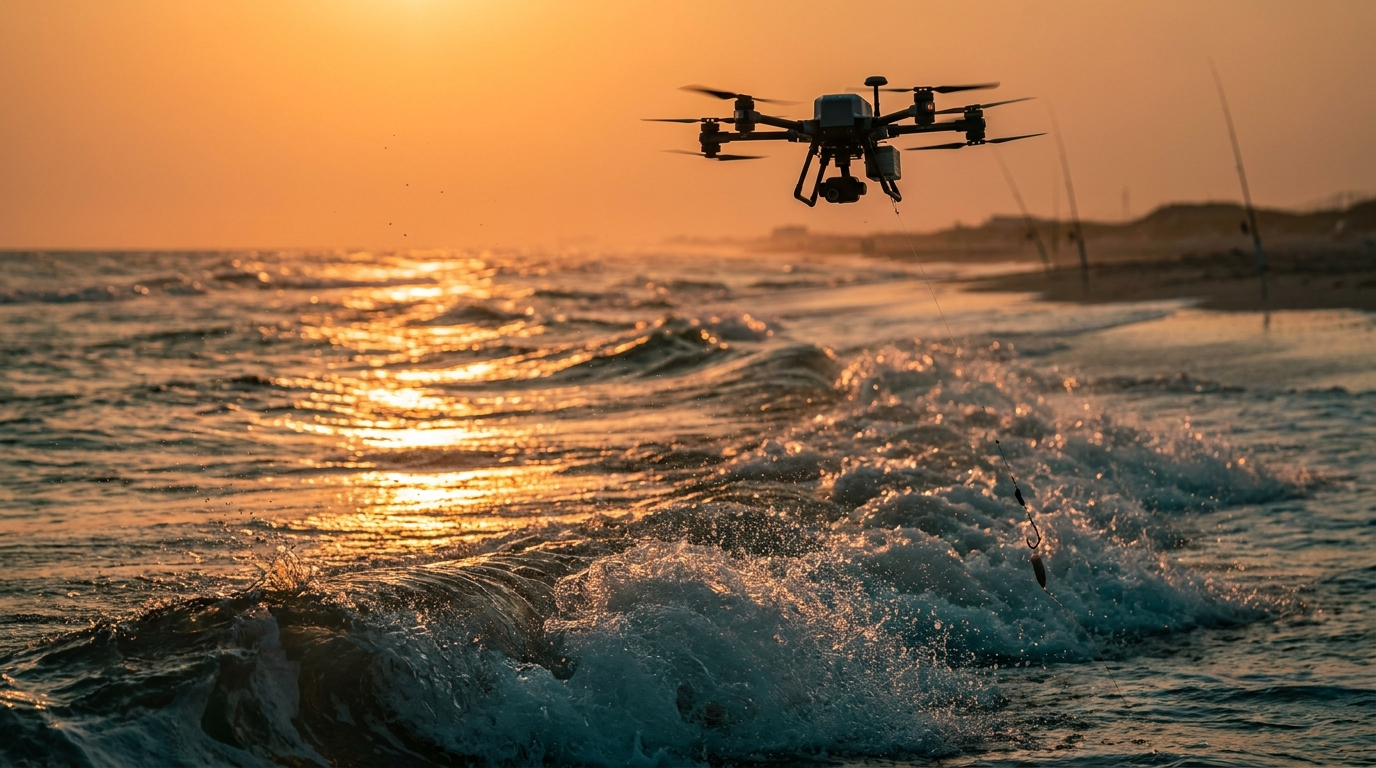 A drone carrying a bait rig out over the waves at sunset