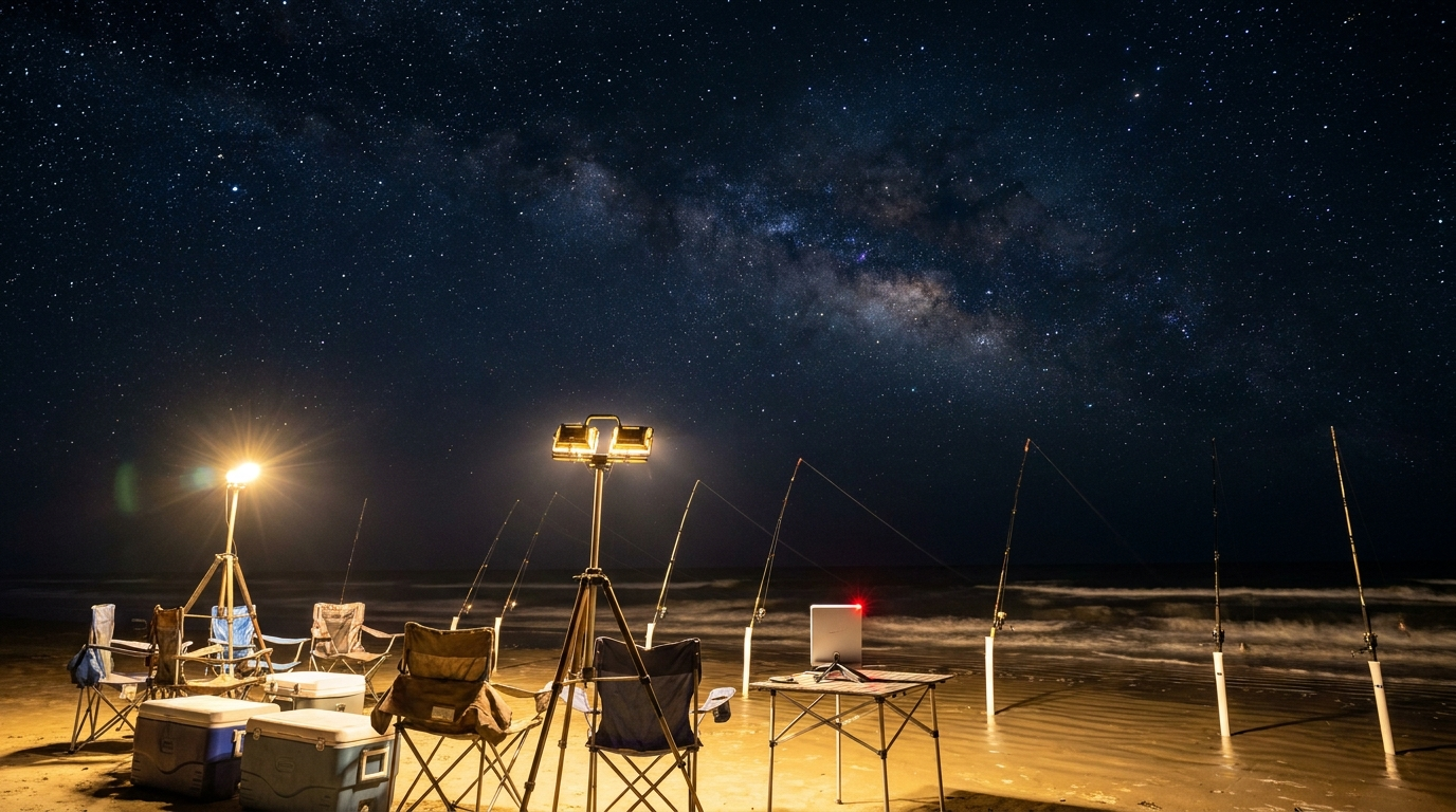 A glowing beach camp under the stars at night