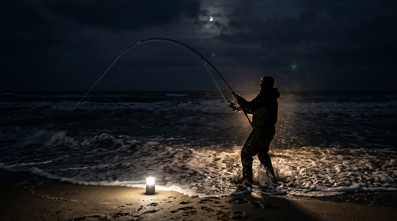 A rod bent hard against dark surf under lantern light