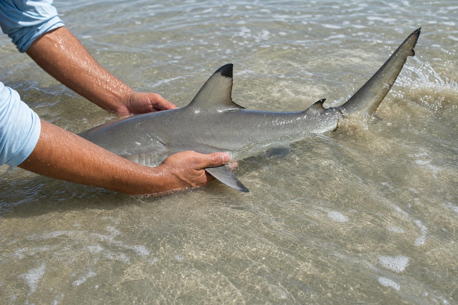 Hands guiding a blacktip shark back into shallow water for release
